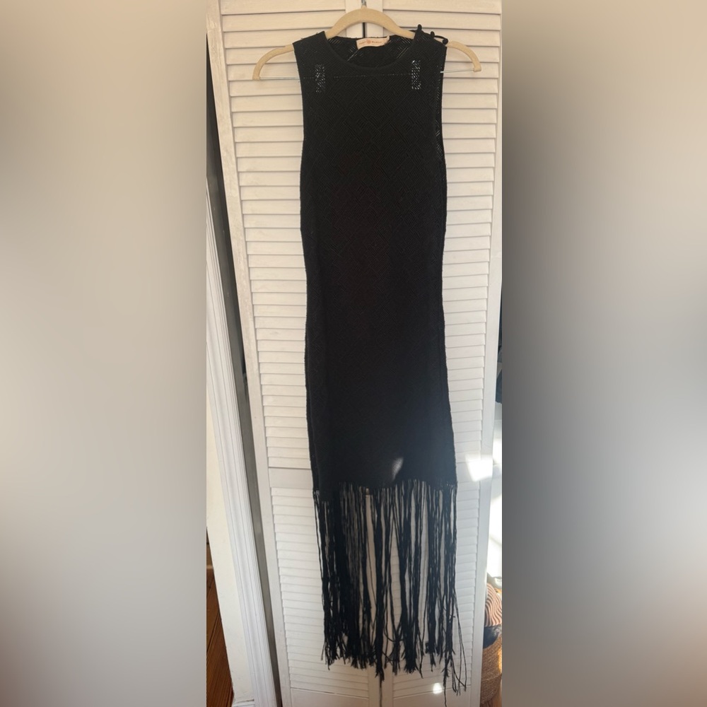 Tory Burch Black Crochet Dress with Fringe